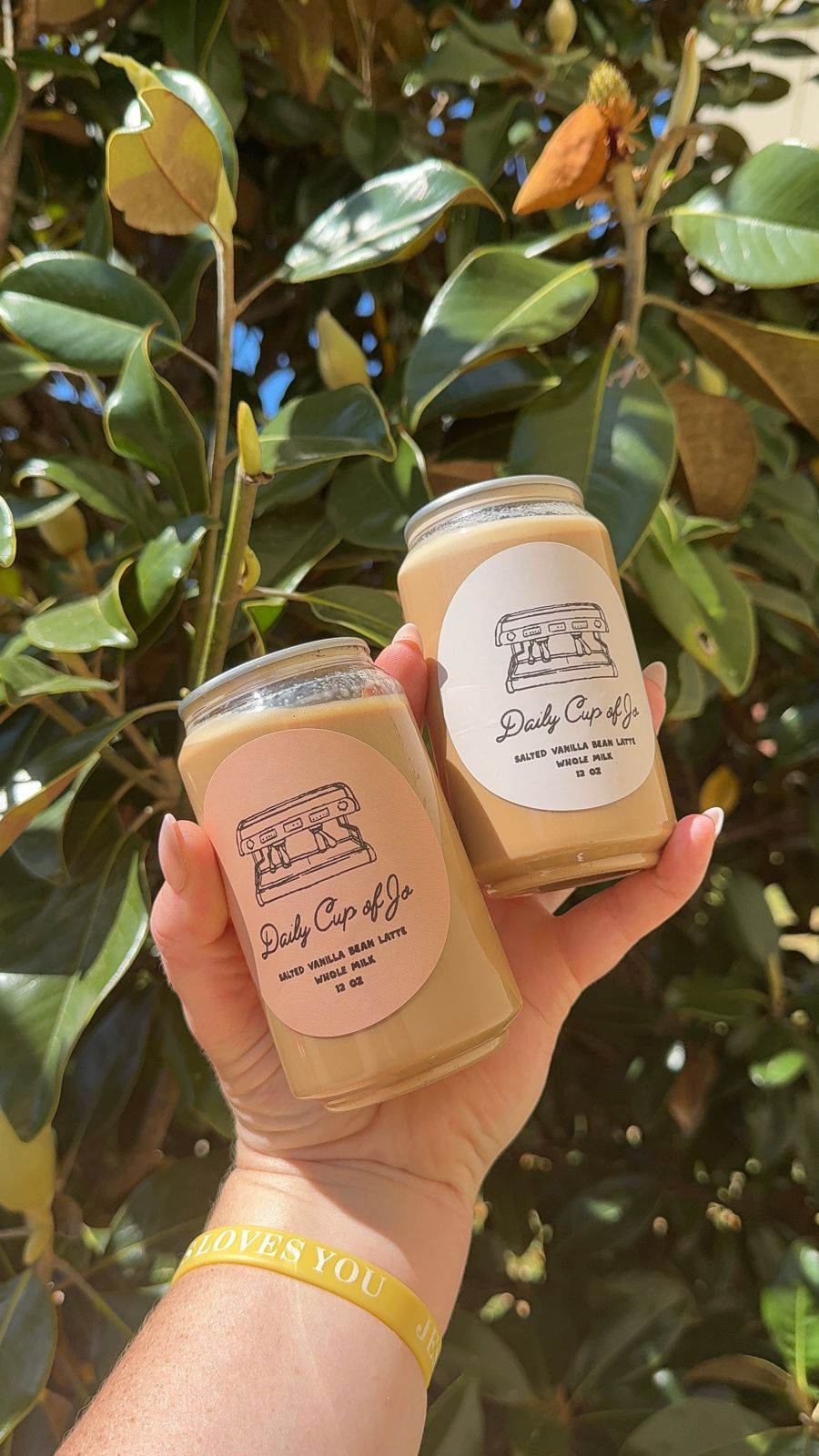 A canned Salted Vanilla Bean latte held up against magnolia leaves